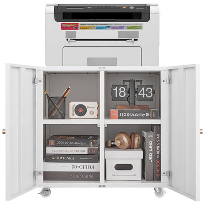 Lunaris Sliding Bookcase Set – 83.4'' White 2-Piece Bookcase with Track Doors, Drawers & Lighting
