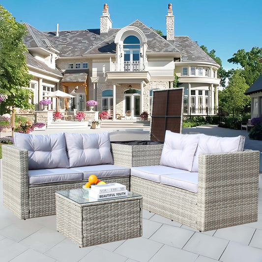 Solvara 4-Piece Sectional – Gray Wicker Patio Sofa with Cushions & Hidden Storage Box