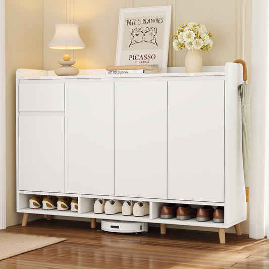Shovera Sleek Cabinet – White Shoe Organizer with Adjustable Shelves & Wood Legs