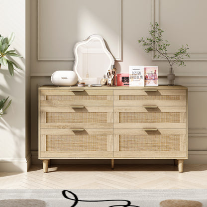 Rattora Mid 6‑Drawer Dresser – Natural Wood & Rattan Chest with Sleek Rounded Legs