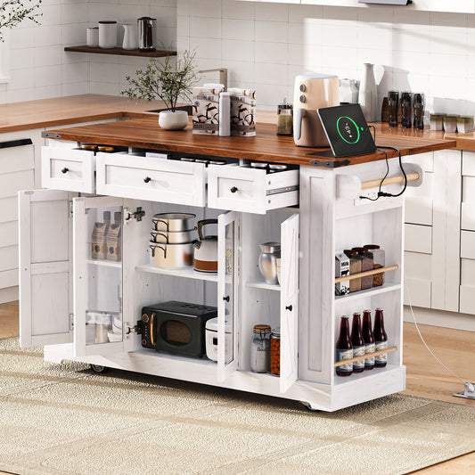 K&K Farmstead Island – 53'' White Kitchen Cart with Glass Doors, Drop Leaf & Power Outlet