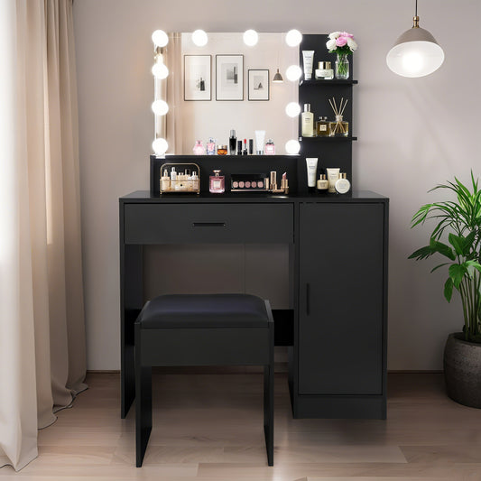 Velora Blend Station – Black Vanity Desk with Mirror, LED Lighting, Drawer & Open Shelf Storage