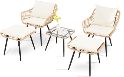 Solvara 5-Piece Balcony Bistro Set – Yellow/Beige Wicker Chairs with Ottomans & Side Table