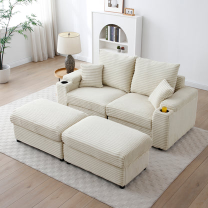 Monaco Corduroy Comfort – Cream Modular 2-Seater with Ottomans & Cozy Pillows