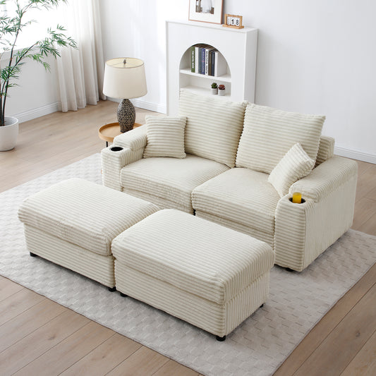 Monaco Corduroy Comfort – Cream Modular 2-Seater with Ottomans & Cozy Pillows