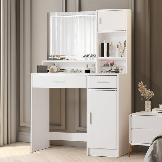 Vionix Curve Hub – White LED Vanity Table with Large Drawer & 3-Level Brightness Mirror