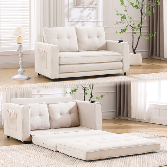 Nestella™ 3-in-1 Convertible Futon Loveseat – Tufted Pull-Out Sleeper with Side Pockets & Cup Holder, Beige