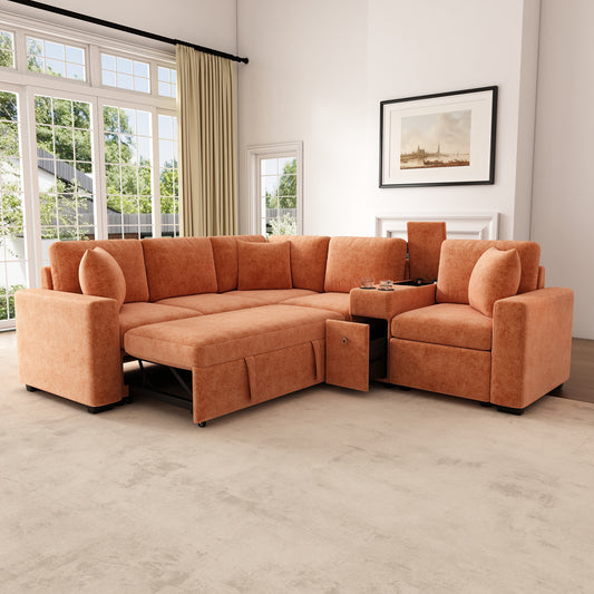 120' Expandable Lounge – Vibrant Orange Comfort Sofa with Smart Storage & Relax Features