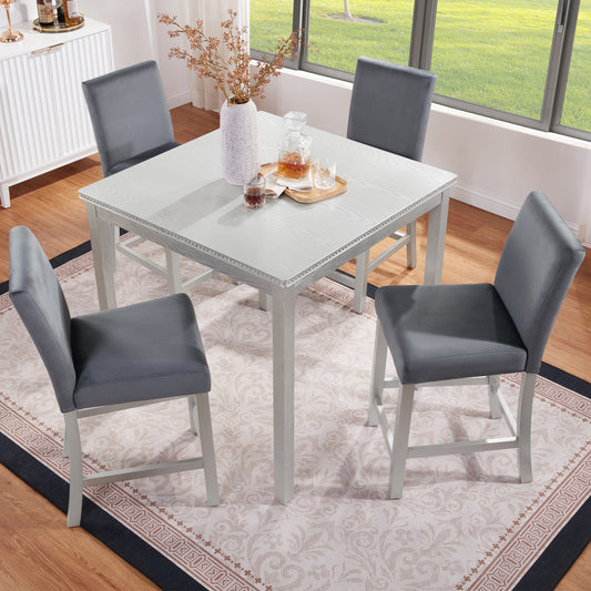 Celesta 5-Piece Counter Height Dining Set – Square Table & Crystal-Inset Silver Upholstered Chairs