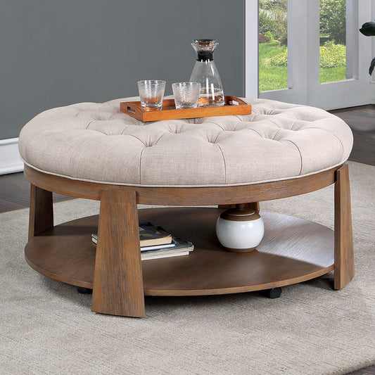 Camden Ottoman – Beige Tufted Seat with Natural Wood Shelf Frame