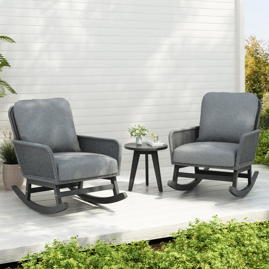 Terrana 3-Piece Rocker Set – Gray Cushioned PE Rattan Chairs with Wood Accent Table
