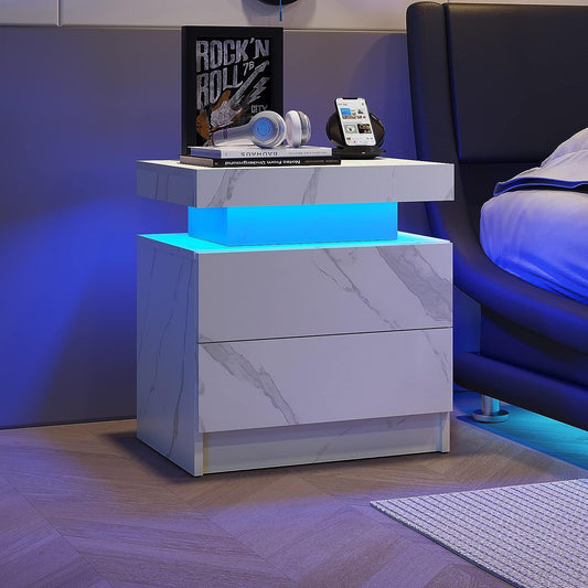 Vionix Stone Glow – LED Nightstand in White Stone Finish with 2 Drawers & Light Strip