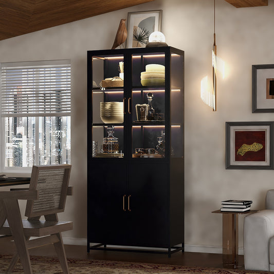 Luntra Display Cabinet – 76.75" Black Glass Curio Case with LED & Steel Frame