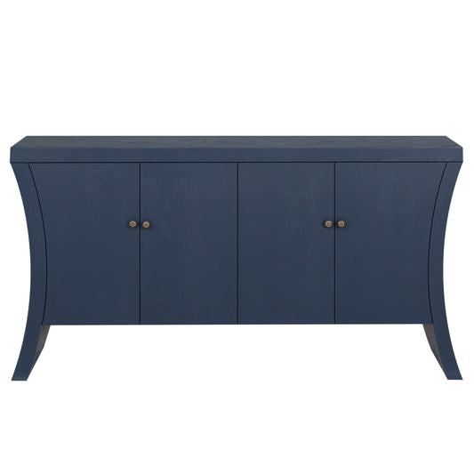 Induro Arc Credenza – 4-Door Navy Blue Cabinet with Bronze Clasps & Curved Legs