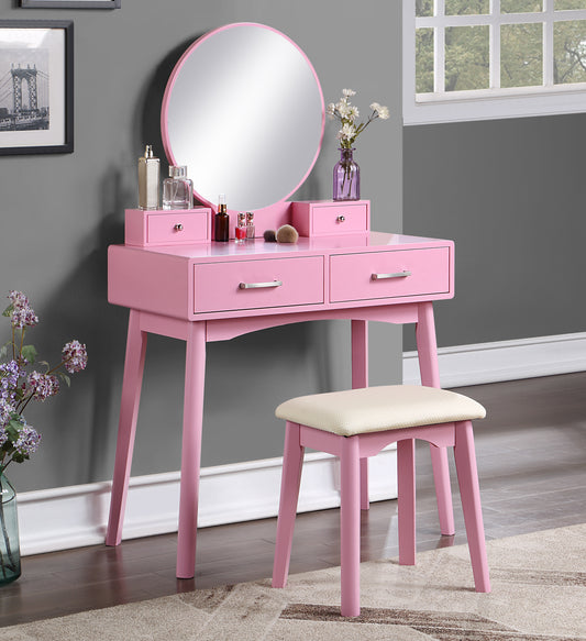 Rosette Charm Set – Pink Contemporary Vanity Table & Stool with Soft Lines and Storage Drawer