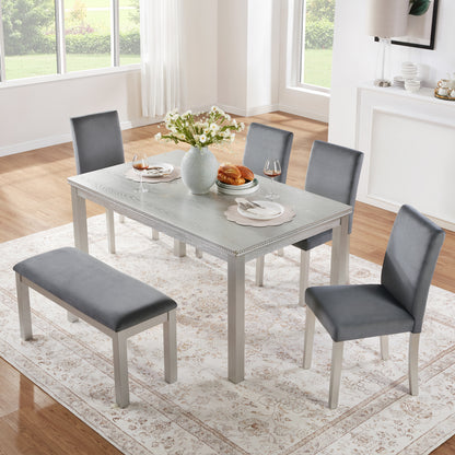 Selaria 6-Piece Crystal-Inset Dining Set – Silver Grey Rectangular Table, 4 Upholstered Chairs & Bench