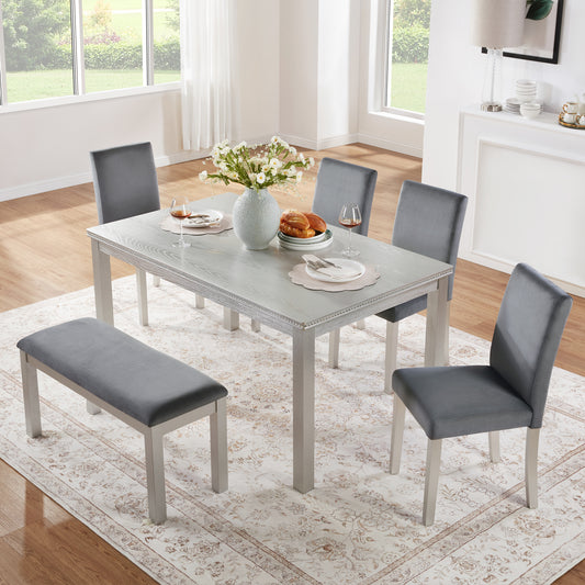 Selaria 6-Piece Crystal-Inset Dining Set – Silver Grey Rectangular Table, 4 Upholstered Chairs & Bench