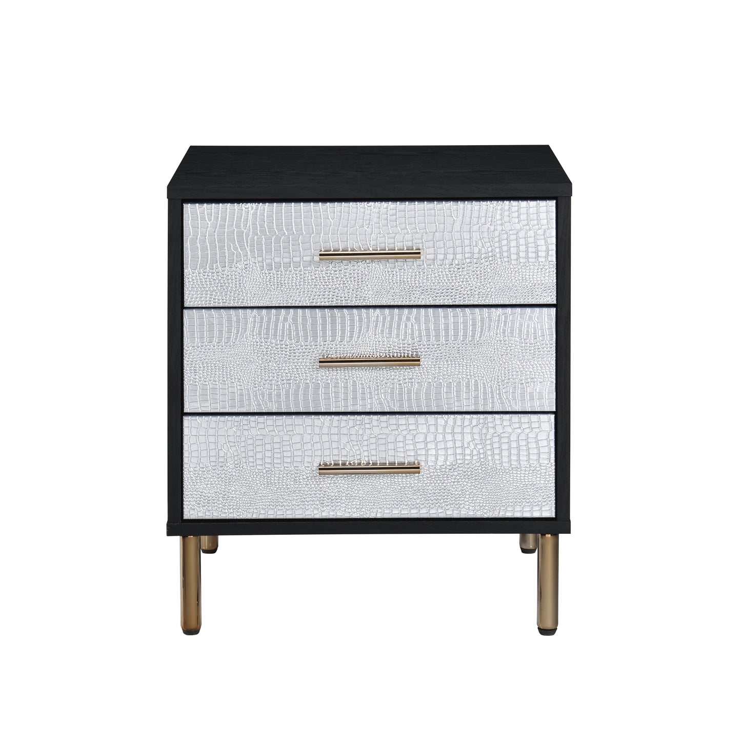 Crozzia Luxe Chest – Black 3-Drawer Nightstand with Silver Crocodile Pattern & Gold Legs