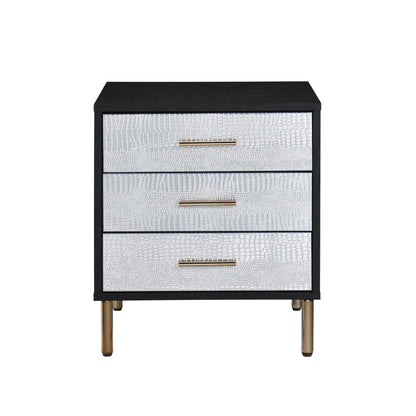 Crozzia Luxe Chest – Black 3-Drawer Nightstand with Silver Crocodile Pattern & Gold Legs