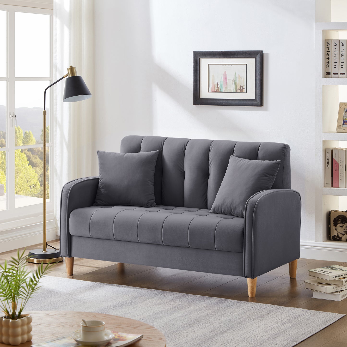 Monaco Velvet Haven – Smooth Grey Upholstered Loveseat with Modern Charm
