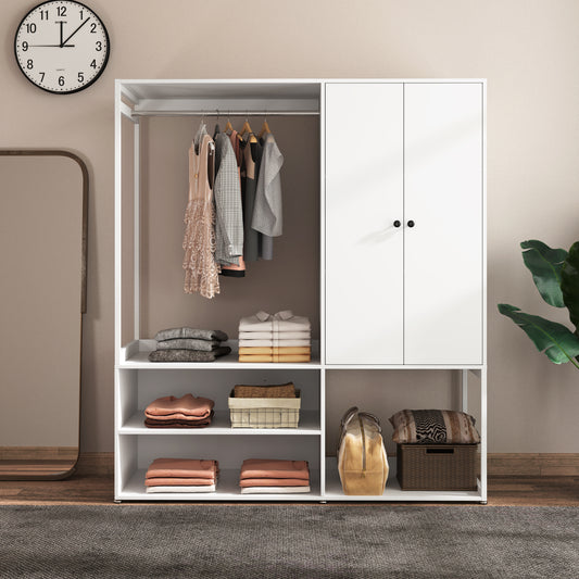 Norven Tall Wardrobe – White Double-Door Cabinet with Shelves & Hanging Rod