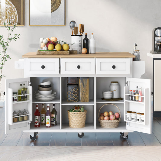 Norlyn Kitchen Cart – White Rolling Island with Rubberwood Top, 3 Drawers, and Racks