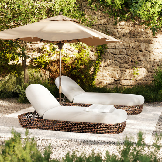Willow Sunbrella Lounger – 80.5" Woven Patio Chaise with Golden Brown Frame & Wheat Beige Cushion