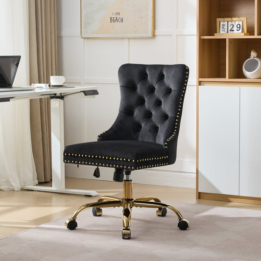A&A Velvet Chair – Black Tufted Button Office Chair with Gold Swivel Base