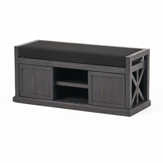 Tova Bench – Dark Gray Wood Seat with Dual Open Storage Shelves