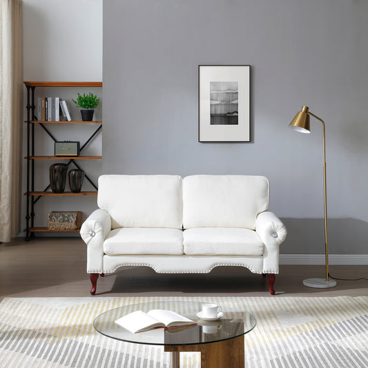 Monaco Luxe Tufted Loveseat – Beige Linen Sofa with Crystal Buttons & Copper Nail Trim
