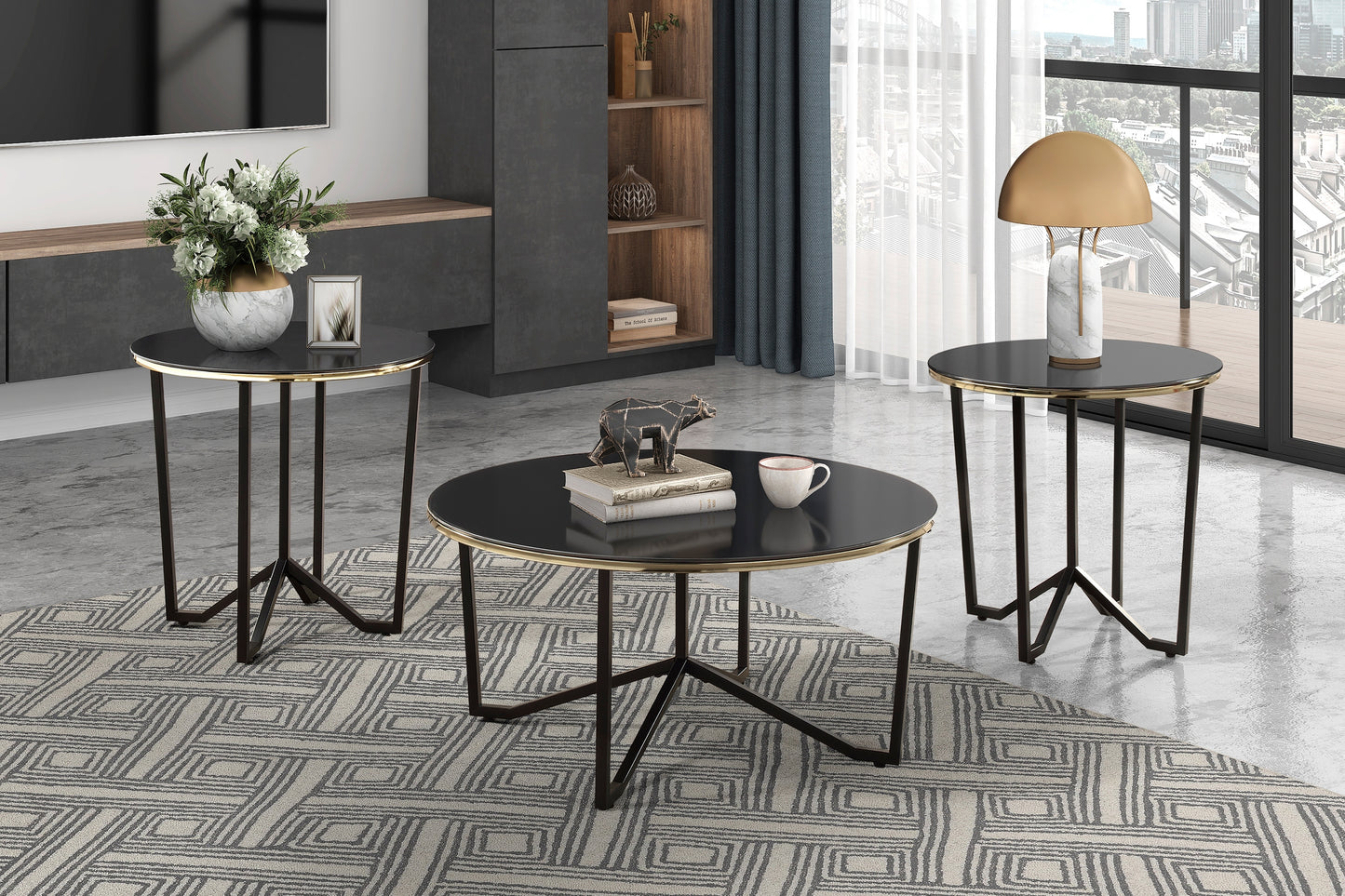 Vetra Glass Set – 3-Piece Round Black Glass Tables with Metal Frame