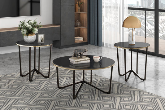 Vetra Glass Set – 3-Piece Round Black Glass Tables with Metal Frame