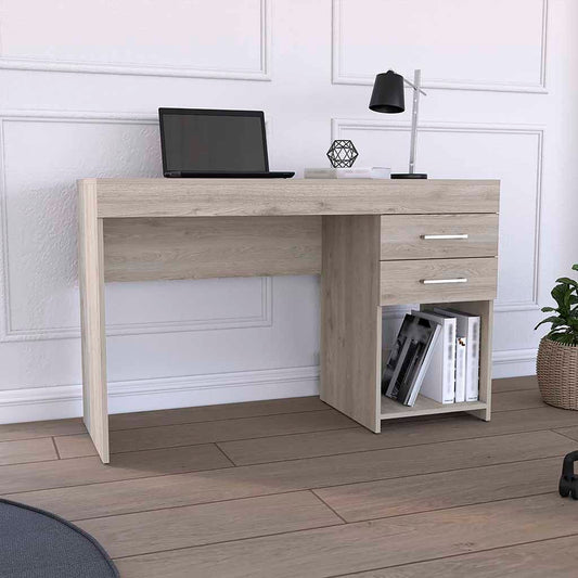 Ibare Desk – Light Gray 2-Drawer Computer Desk with Lower Shelf
