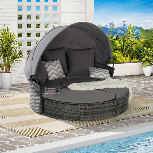 Solvara Round Daybed Set – 5-Piece Wicker Canopy Lounge with Cushions & Storage Table