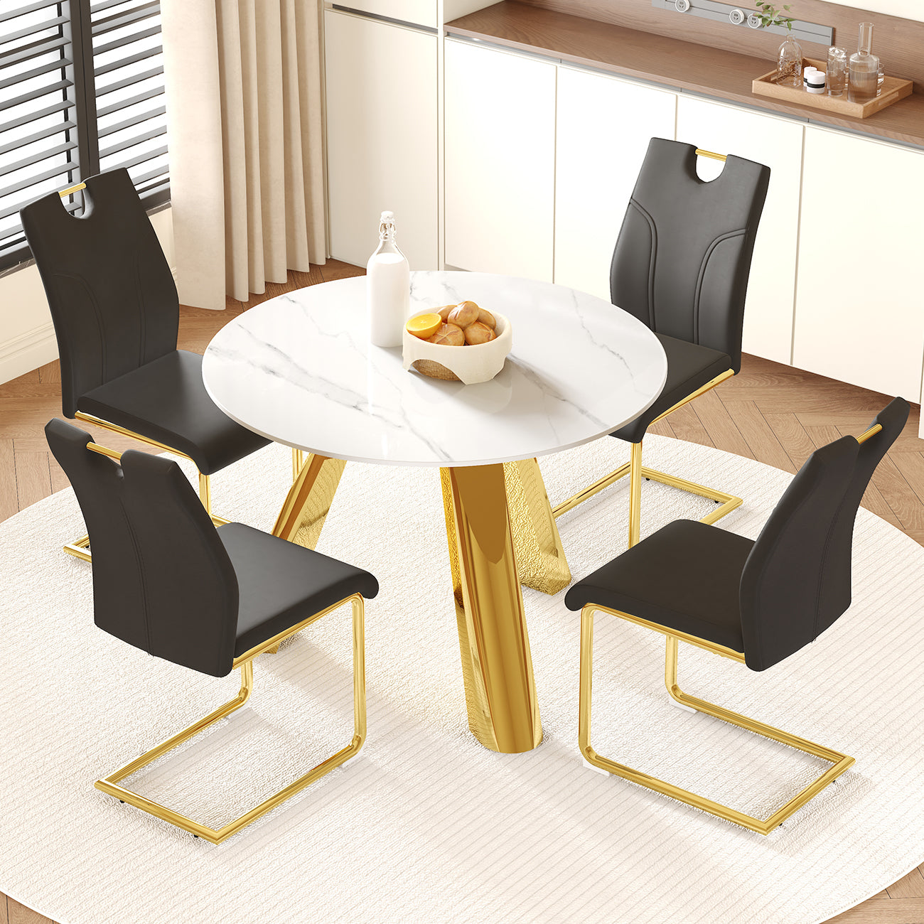 Avanti 5-Piece Luxe Dining Set – 42" Sintered Stone Table with Gold Base & 4 Black PU Chairs