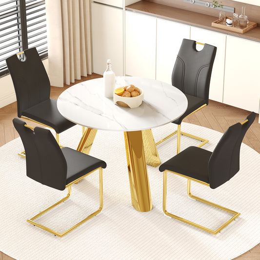 Avanti 5-Piece Luxe Dining Set – 42" Sintered Stone Table with Gold Base & 4 Black PU Chairs