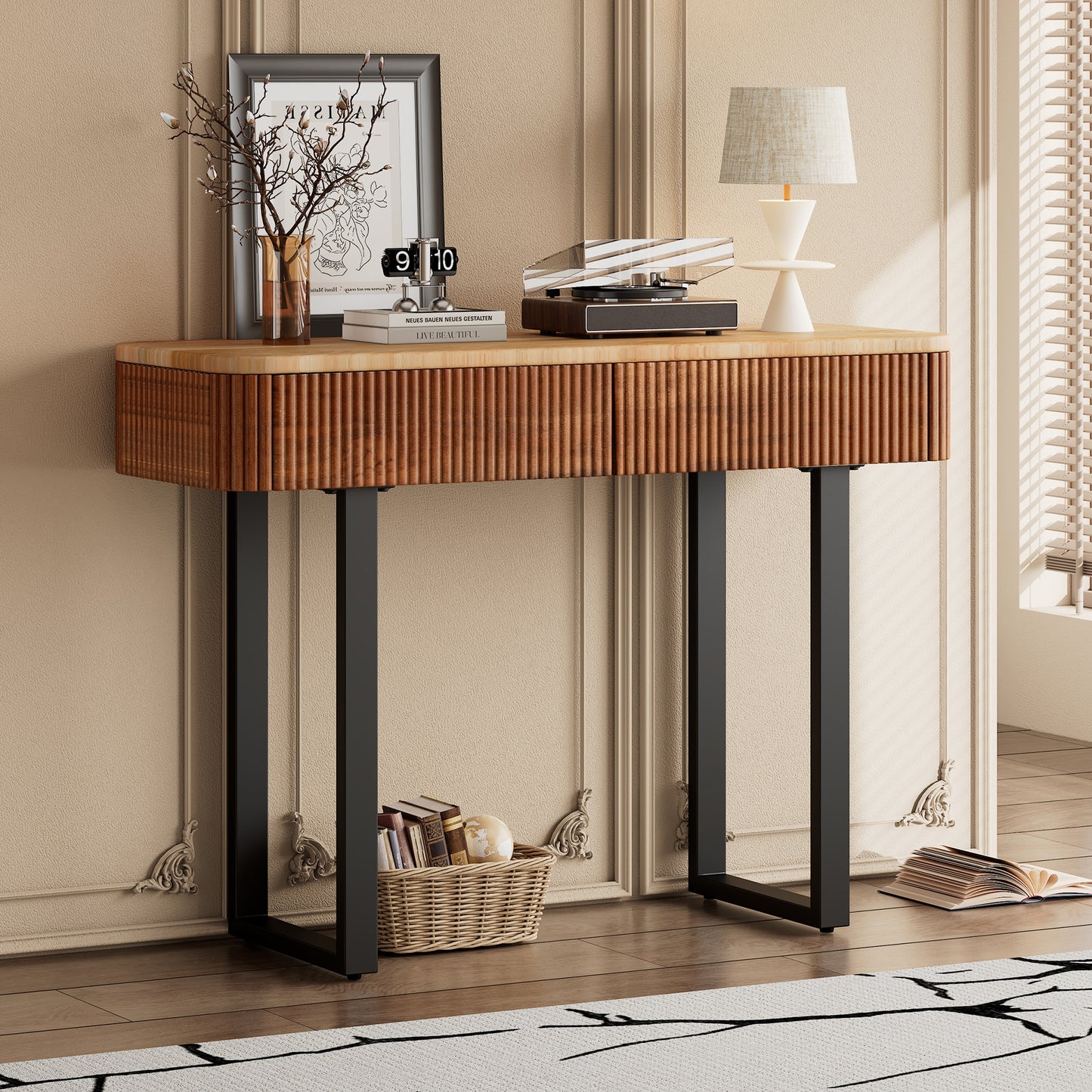 Tarell Console Table – Fluted Solid Wood with Metal Legs in Natural + Black