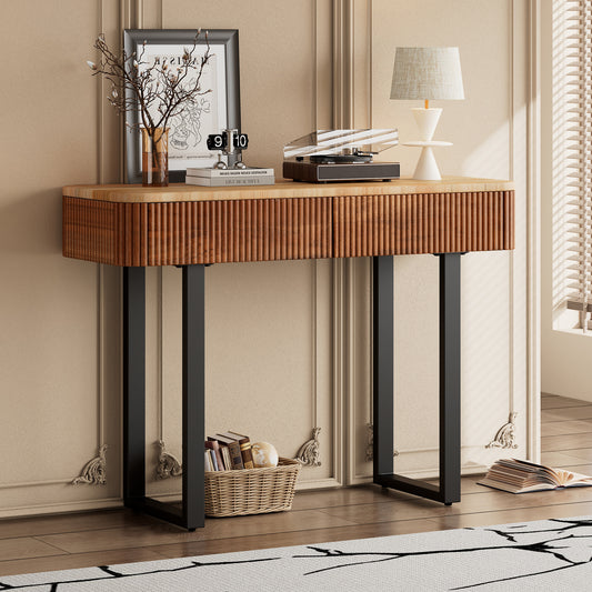 Tarell Console Table – Fluted Solid Wood with Metal Legs in Natural + Black