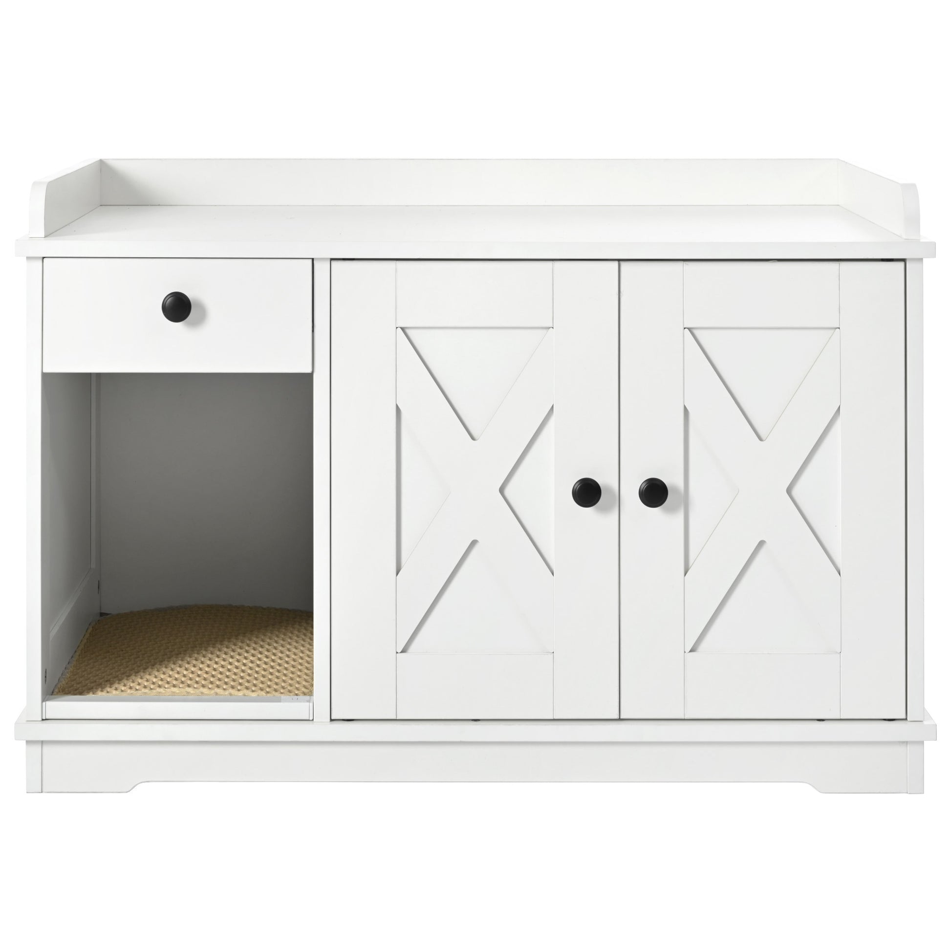 Nuvio Farmhouse Litter Cabinet – White Cat Enclosure with Drawer, Litter Mat & Side Table Functionality - JUSTLIVE NESTJUSTLIVE NEST
