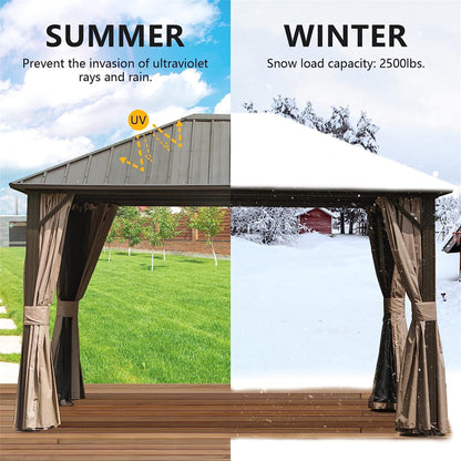 Aurelia 10x12' Steel Roof Gazebo – Dark Brown Aluminum Pavilion with Curtains & Netting - JUSTLIVE NESTJUSTLIVE NEST