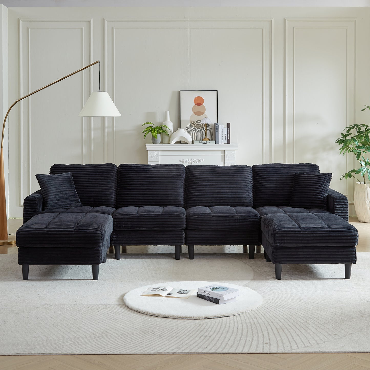 123' Oversized U-Shape Modular Lounge – Black Corduroy Sofa with 2 Ottomans & Accent Cushions