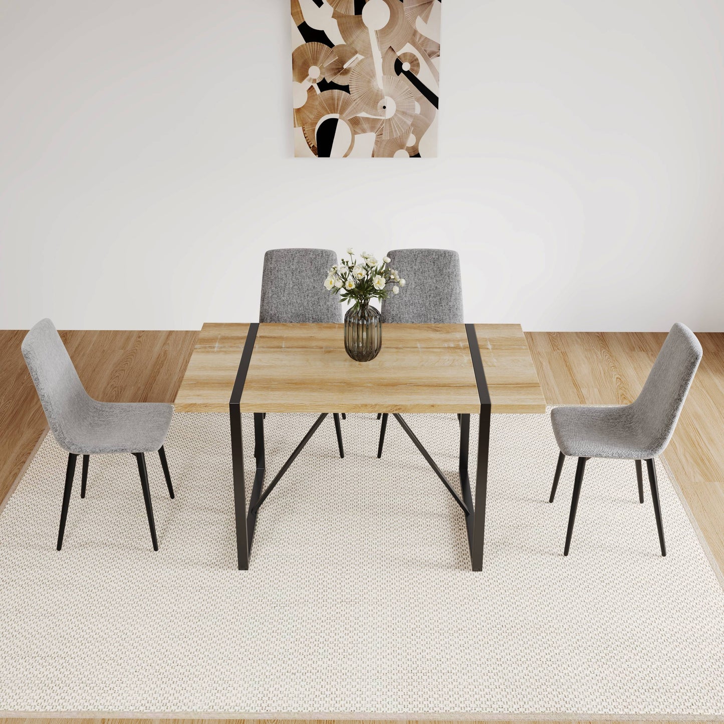Monzio 5-Piece Mid-Century Dining Set – 55" MDF Wood Table & 4 Linen Chairs with Metal Legs