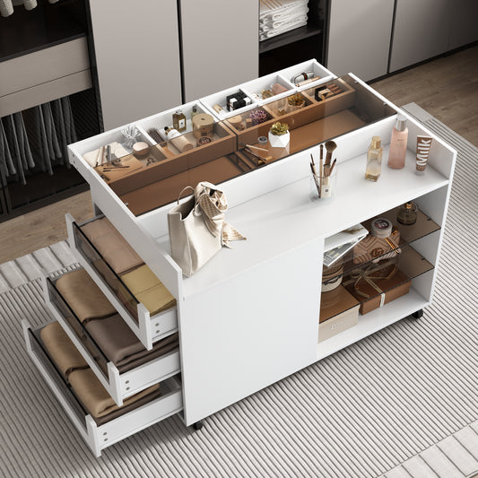 Stravelle Island Cabinet – 43.3" Multi-Function Storage with Drawers & Glass Display