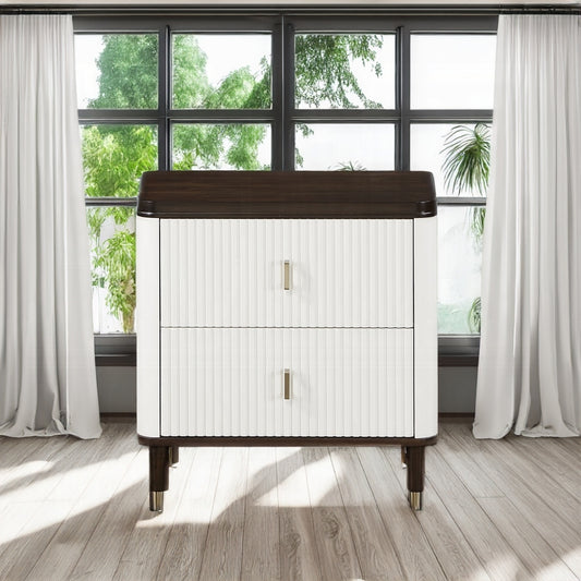 Vionix Port Stand – White & Brown Nightstand with 2 Drawers & USB Charging Feature