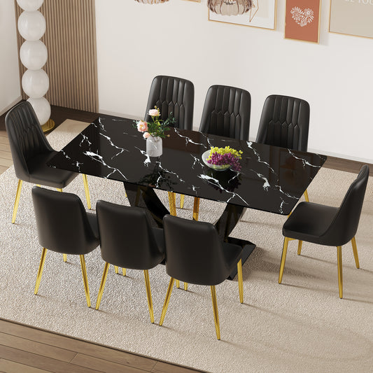 Straton 71" Marbleglass Dining Set – Black Vein Tempered Glass with 8 Noirline PU Chairs