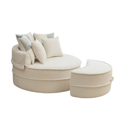 Luxe Swirl Chair Set – Oversized Beige Velvet Round Lounge Chair with Matching Ottoman & 5 Plush Accent Pillows