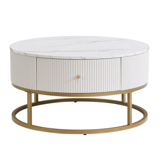Orya Round Table – 31.5" Faux Marble Top with Drawers and Metal Frame in Off-White