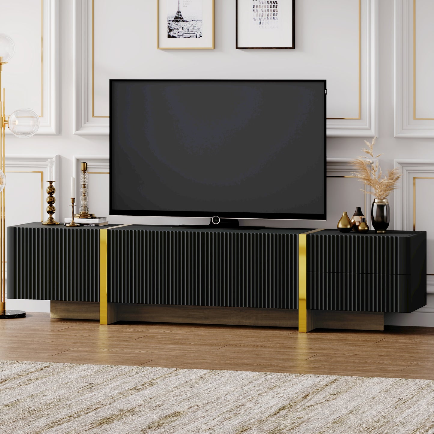 Flutra Luxe Console – Black Fluted TV Stand with Gold Wood Grain Legs (Up to 80")