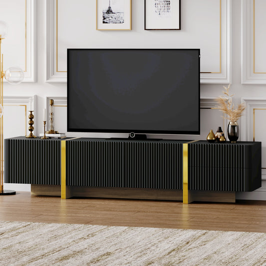Flutra Luxe Console – Black Fluted TV Stand with Gold Wood Grain Legs (Up to 80")