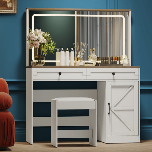 Velora Glow Station – 43.3" White Vanity Table with LED Mirror, 3 Drawers & Cushioned Stool